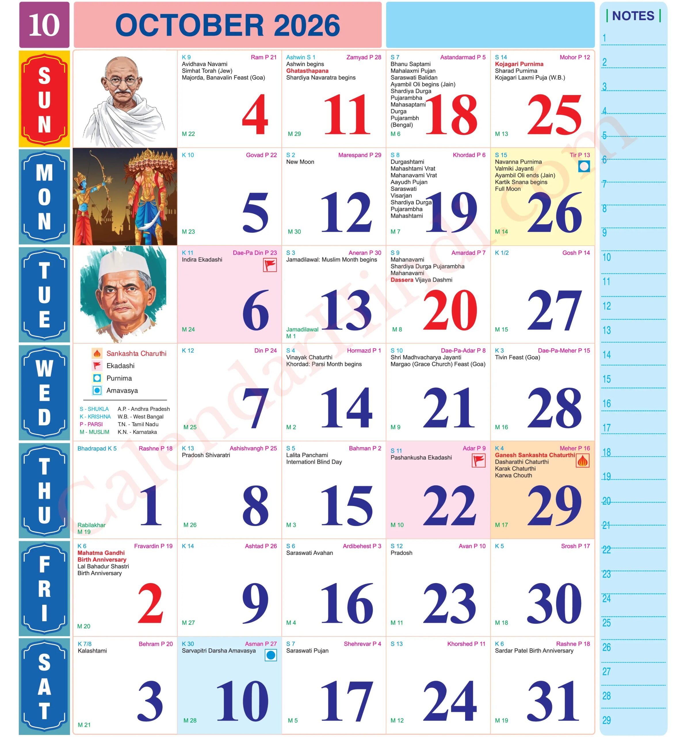 October Hindu Calendar 2026 English
