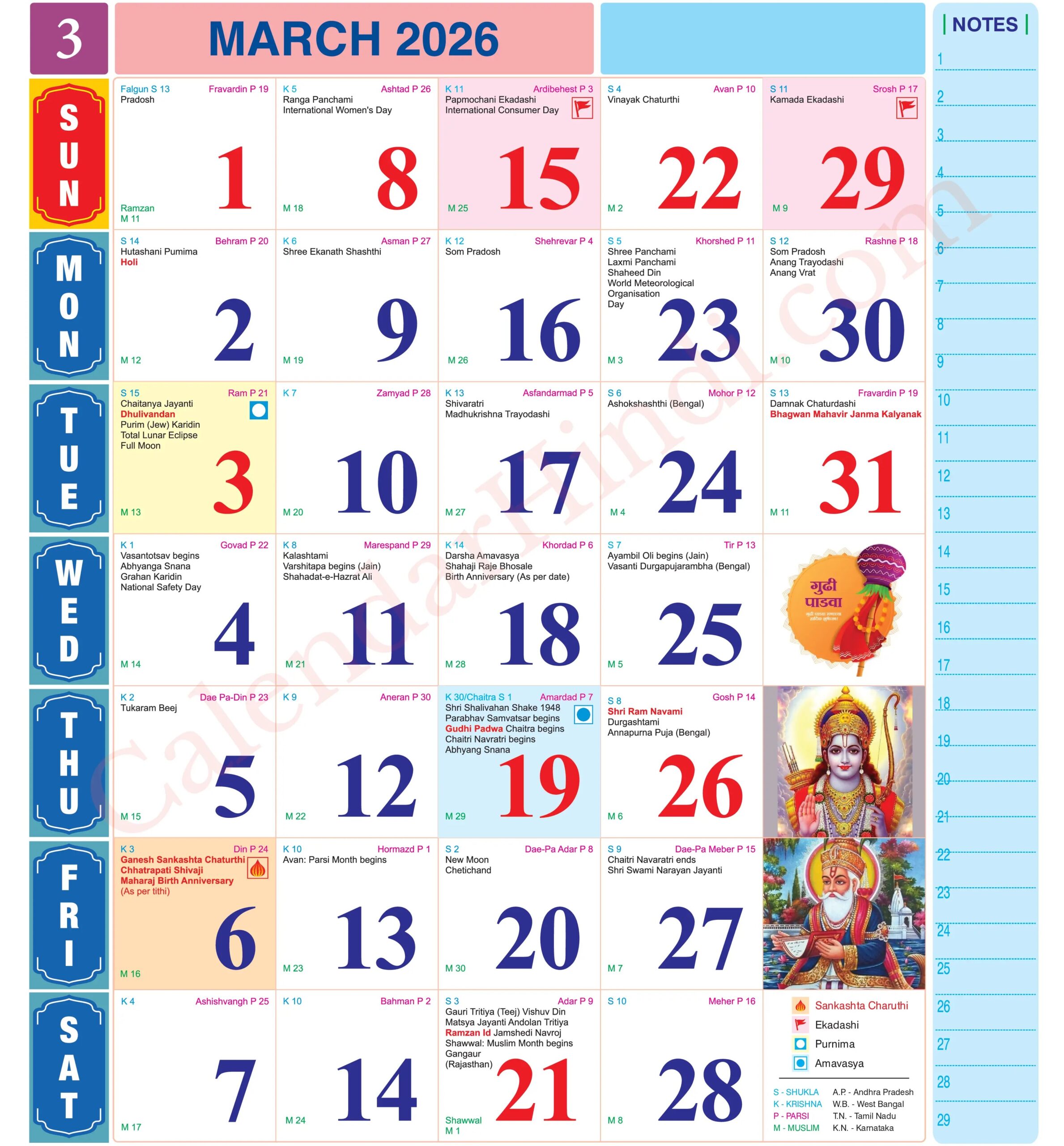 March Hindu Calendar 2026 English